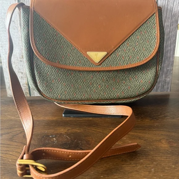 Yves Saint Laurent Olive Green Woven Crossbody with Tan Leather Trim - Picture 2 of 12